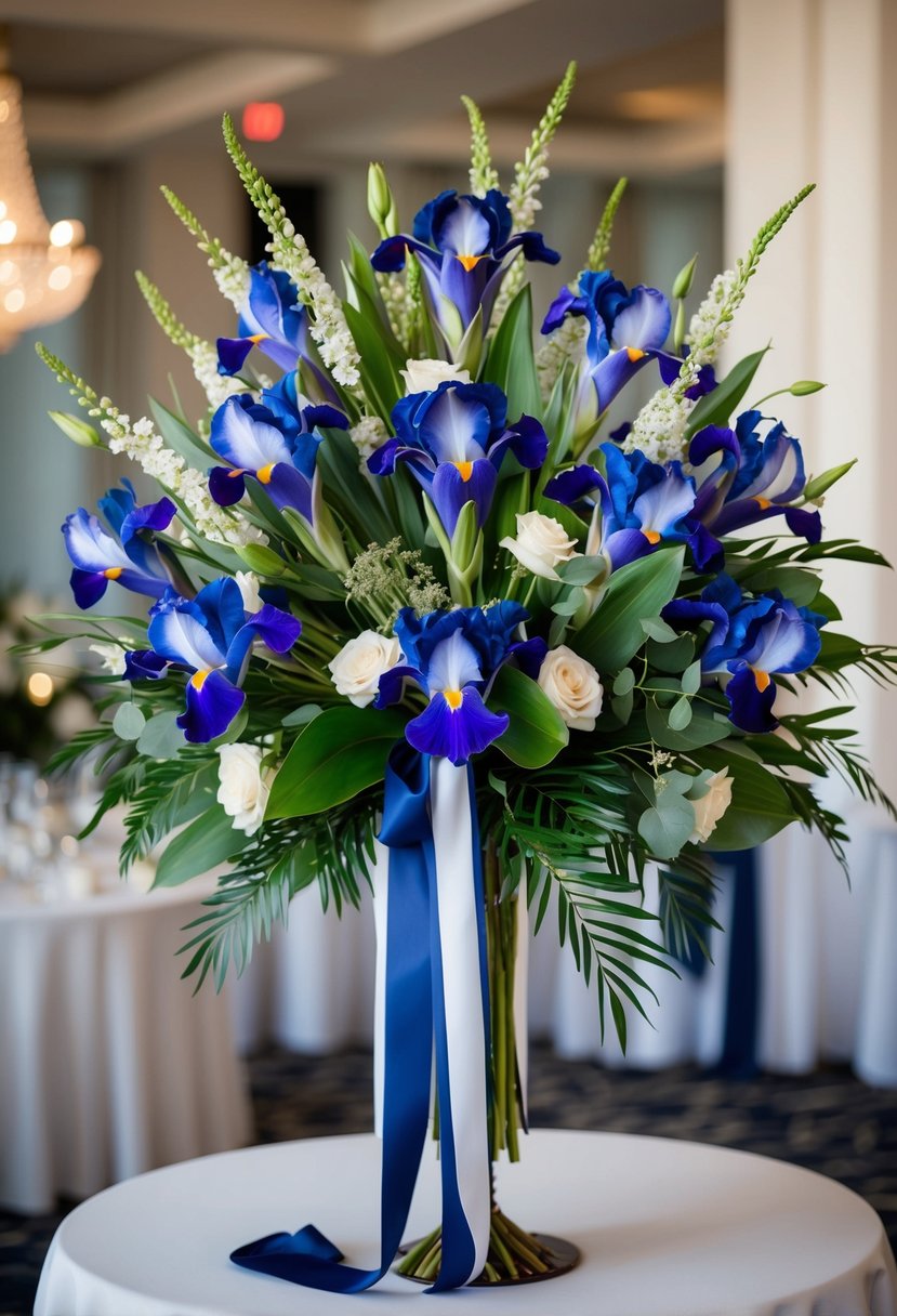 A stunning art deco iris bouquet arranged in a cascading style, with elegant greenery and delicate ribbon accents