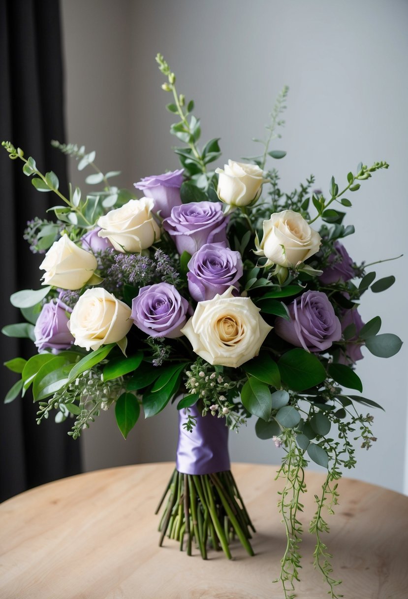 A lush purple bouquet with creamy roses and delicate greenery arranged in a cascading style