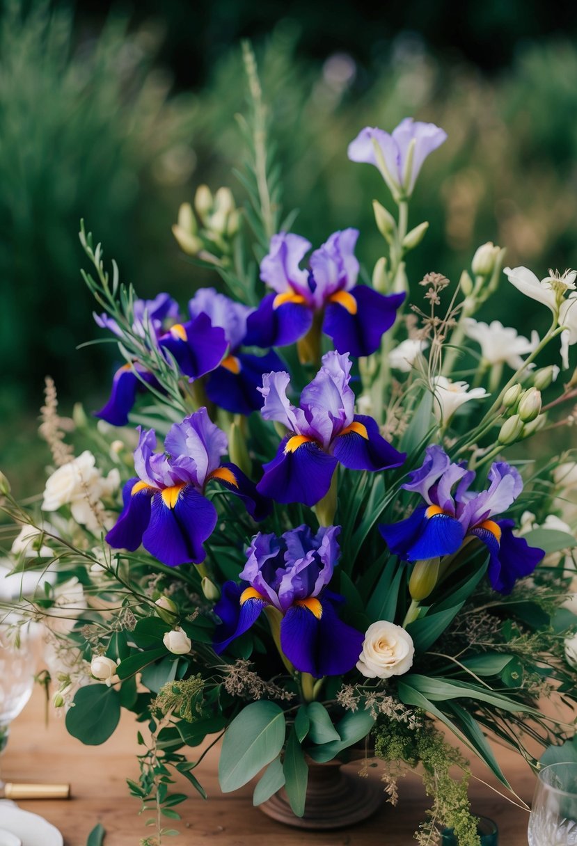 A vibrant bouquet of bohemian irises, nestled among wild greenery and delicate blooms, creating a whimsical and romantic wedding centerpiece