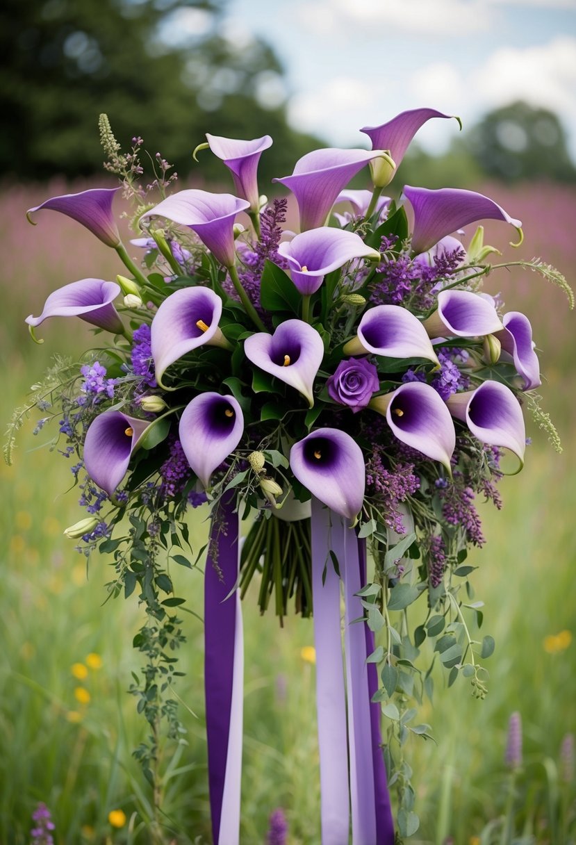 A lush bouquet of cascading calla lilies and wildflowers in shades of purple and lavender, with delicate greenery and trailing ribbons