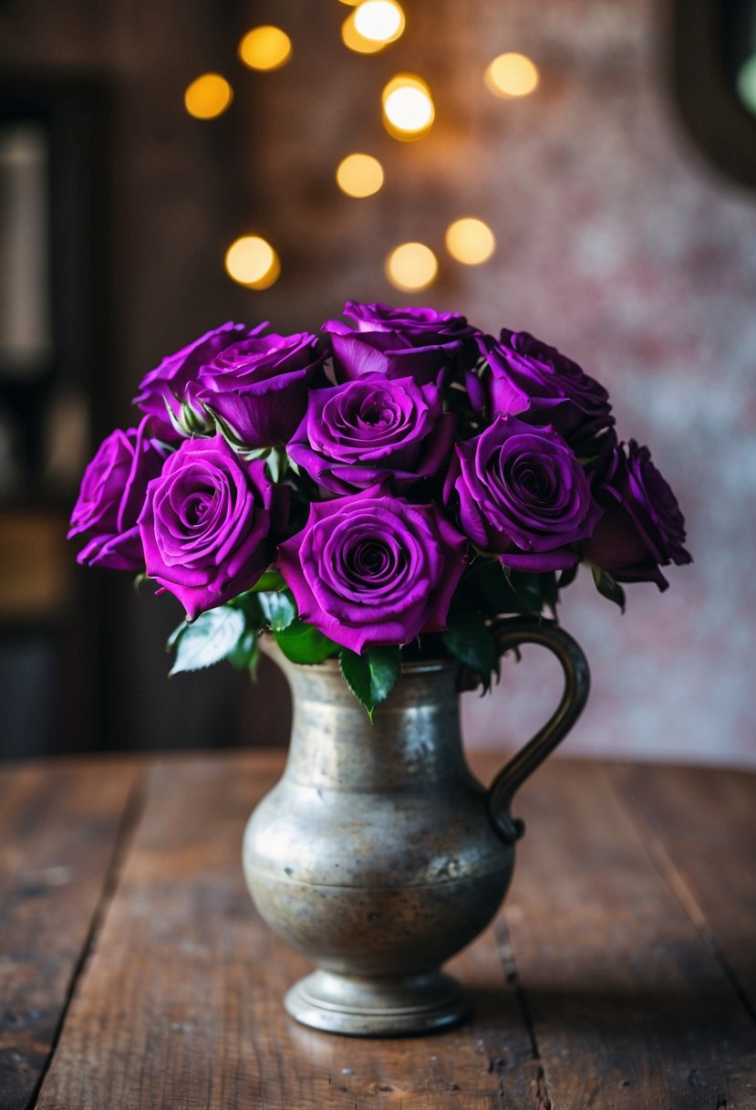 A rustic purple rose arrangement in a vintage vase on a wooden table