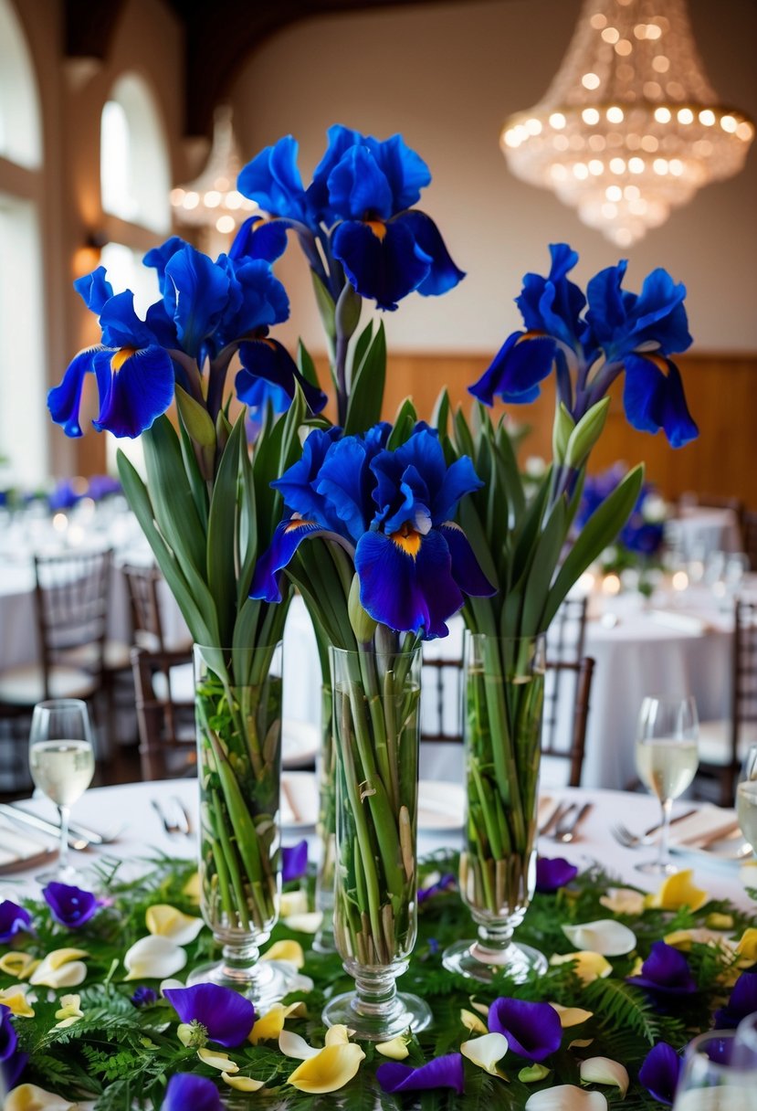 Tall vases filled with vibrant irises, surrounded by scattered petals and greenery, create stunning wedding centerpiece ideas