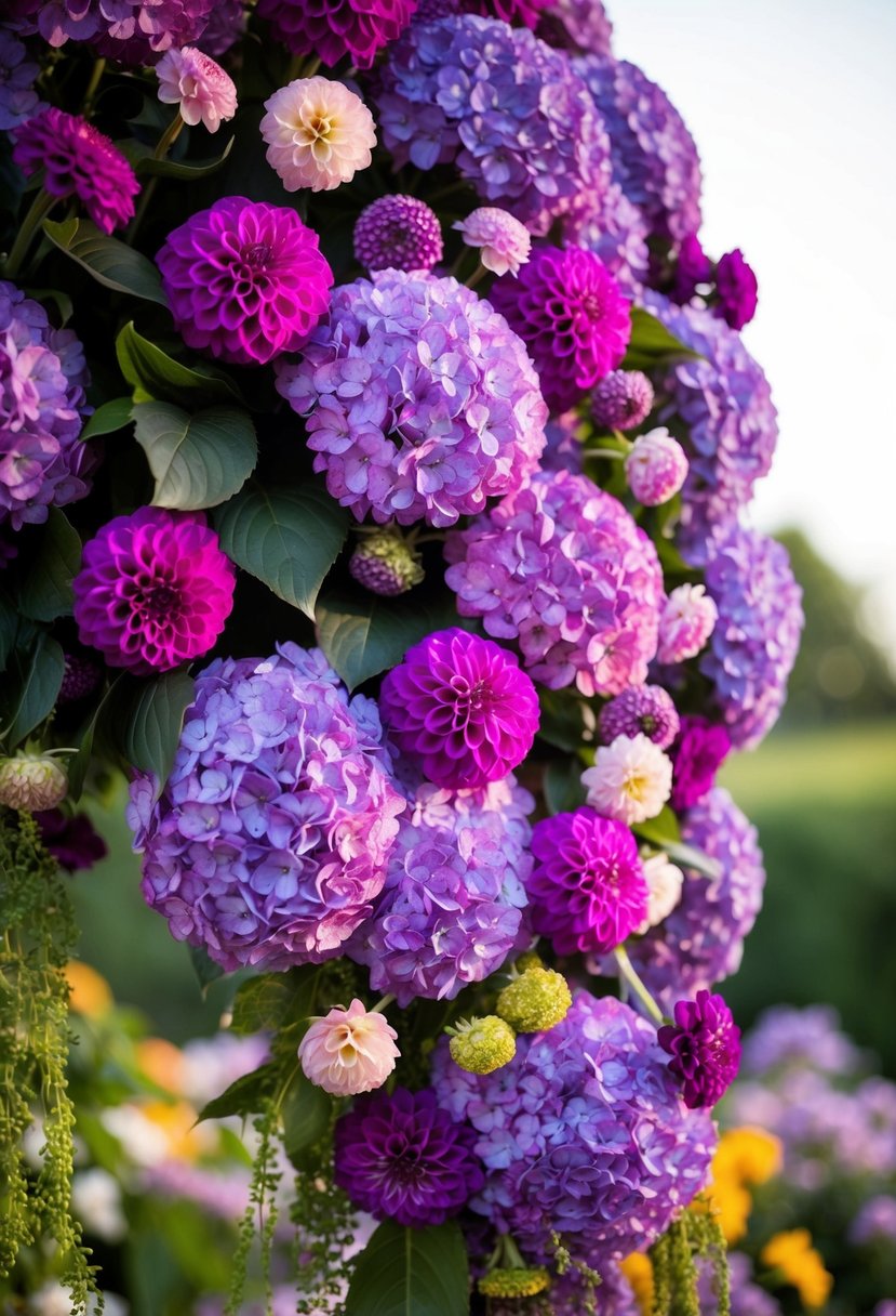 A lush bouquet of vibrant purple hydrangeas and dahlias, cascading with dramatic elegance