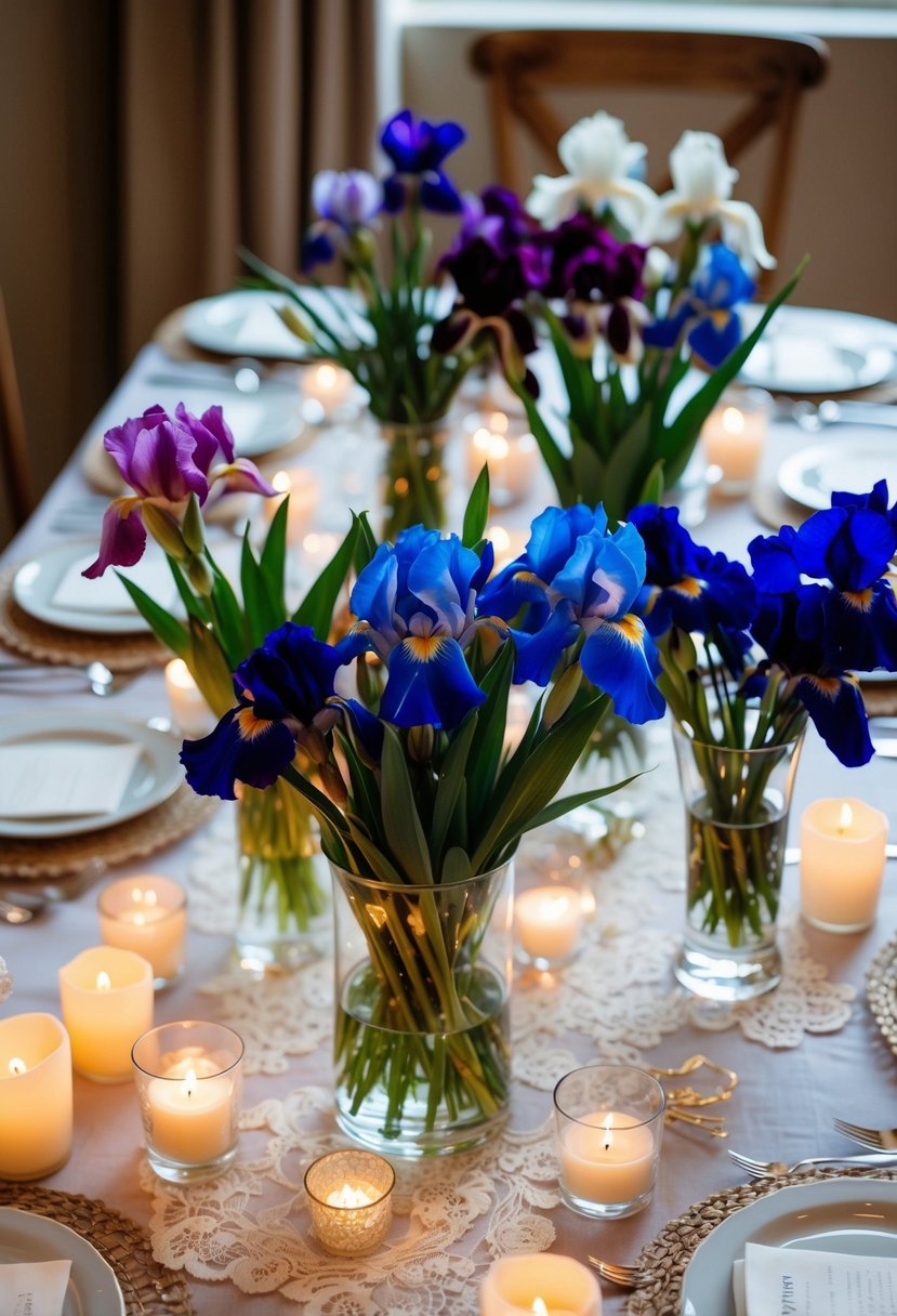 A table adorned with assorted irises in glass vases, surrounded by soft candlelight and delicate lace, creating an intimate and romantic wedding bouquet display