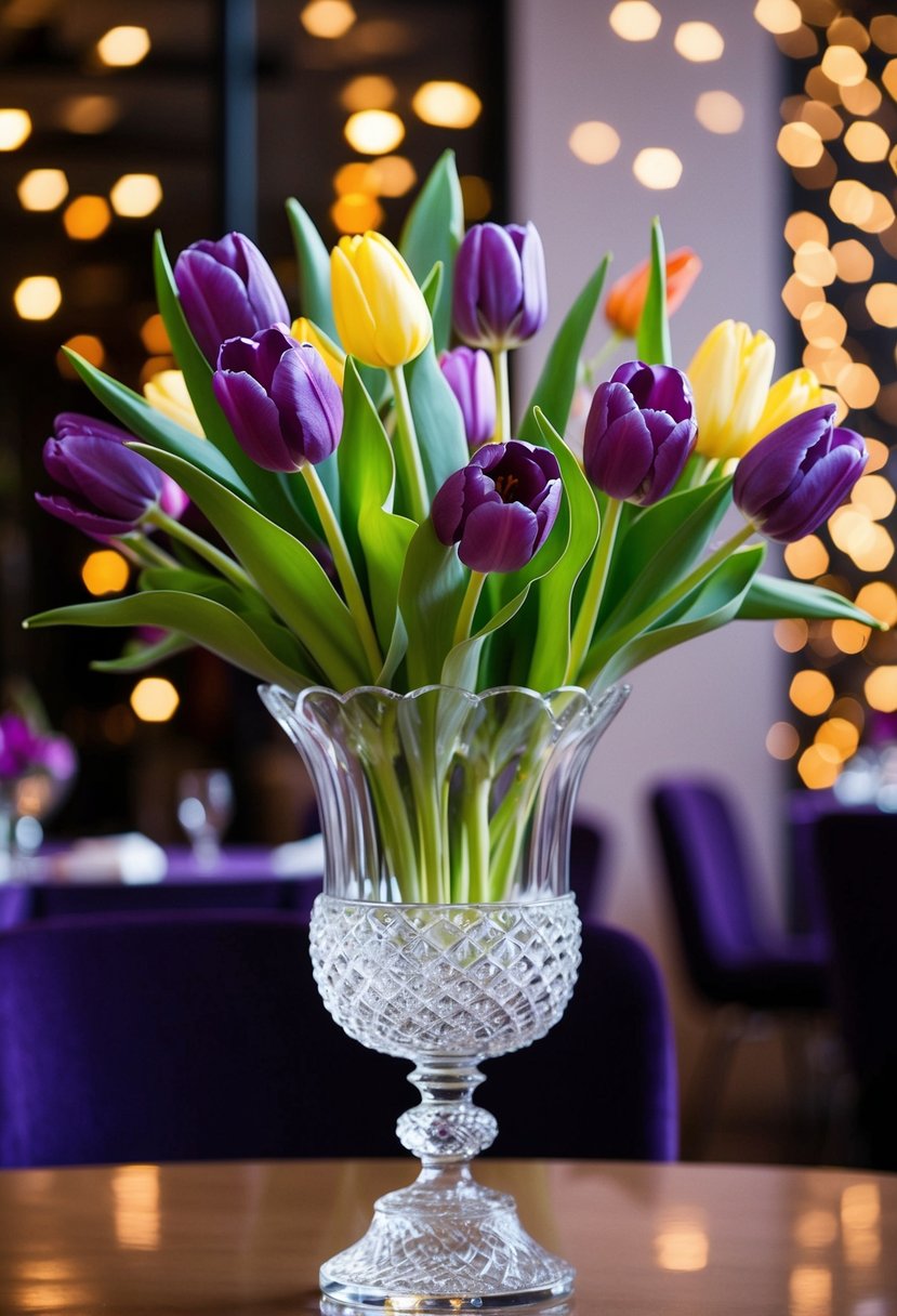 A luxurious violet and tulip mix bouquet arranged in a tall crystal vase