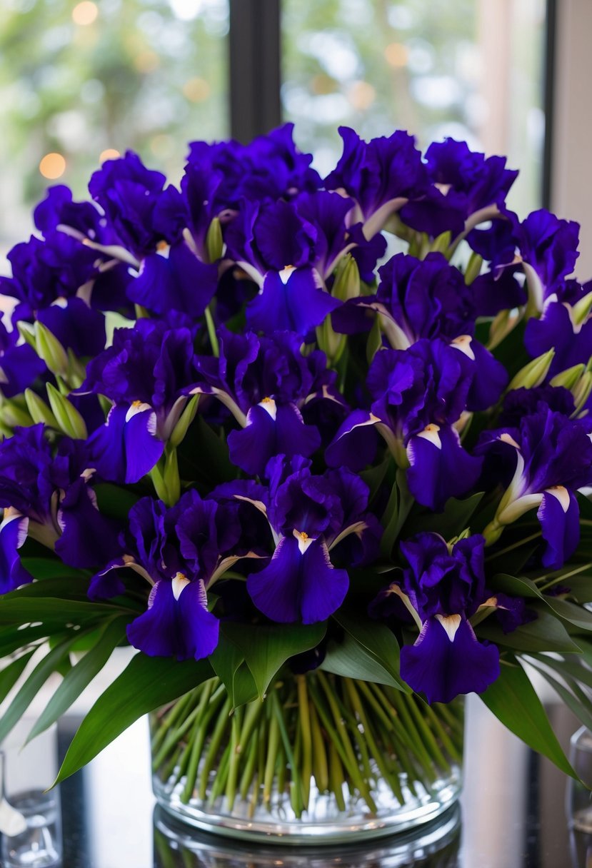 A lush bouquet of deep purple irises arranged in a glamorous and elegant style, perfect for a wedding celebration