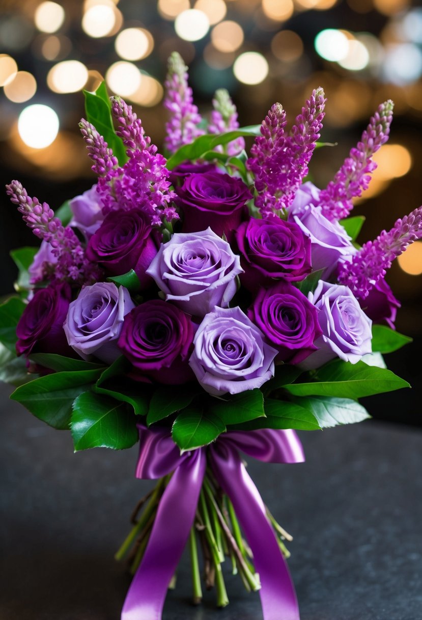 A lush bouquet of purple roses and magenta freesia, tied with a satin ribbon