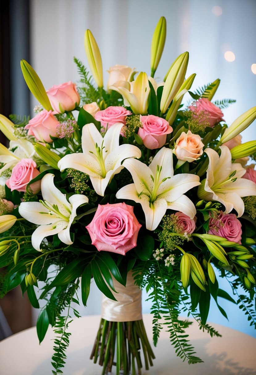 A vibrant bouquet of lilies and roses arranged in a cascading style, with lush greenery and delicate filler flowers, perfect for a romantic wedding