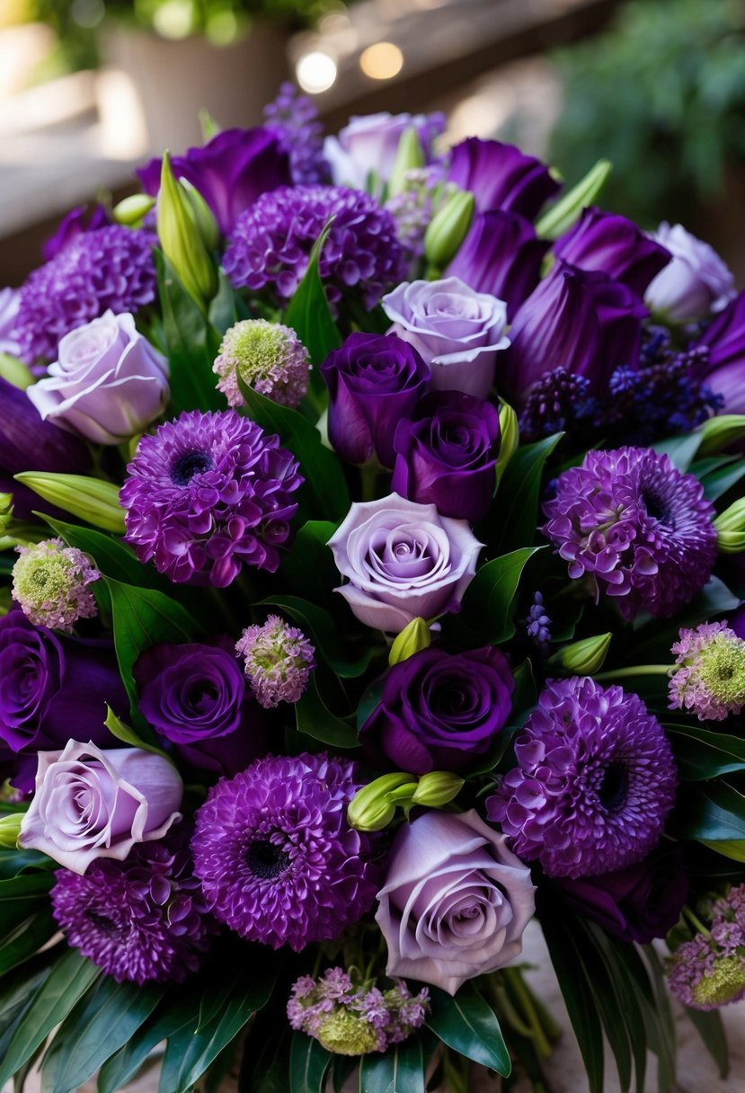 A lush bouquet of eggplant and lilac flowers arranged in perfect harmony, creating a stunning purple wedding bouquet