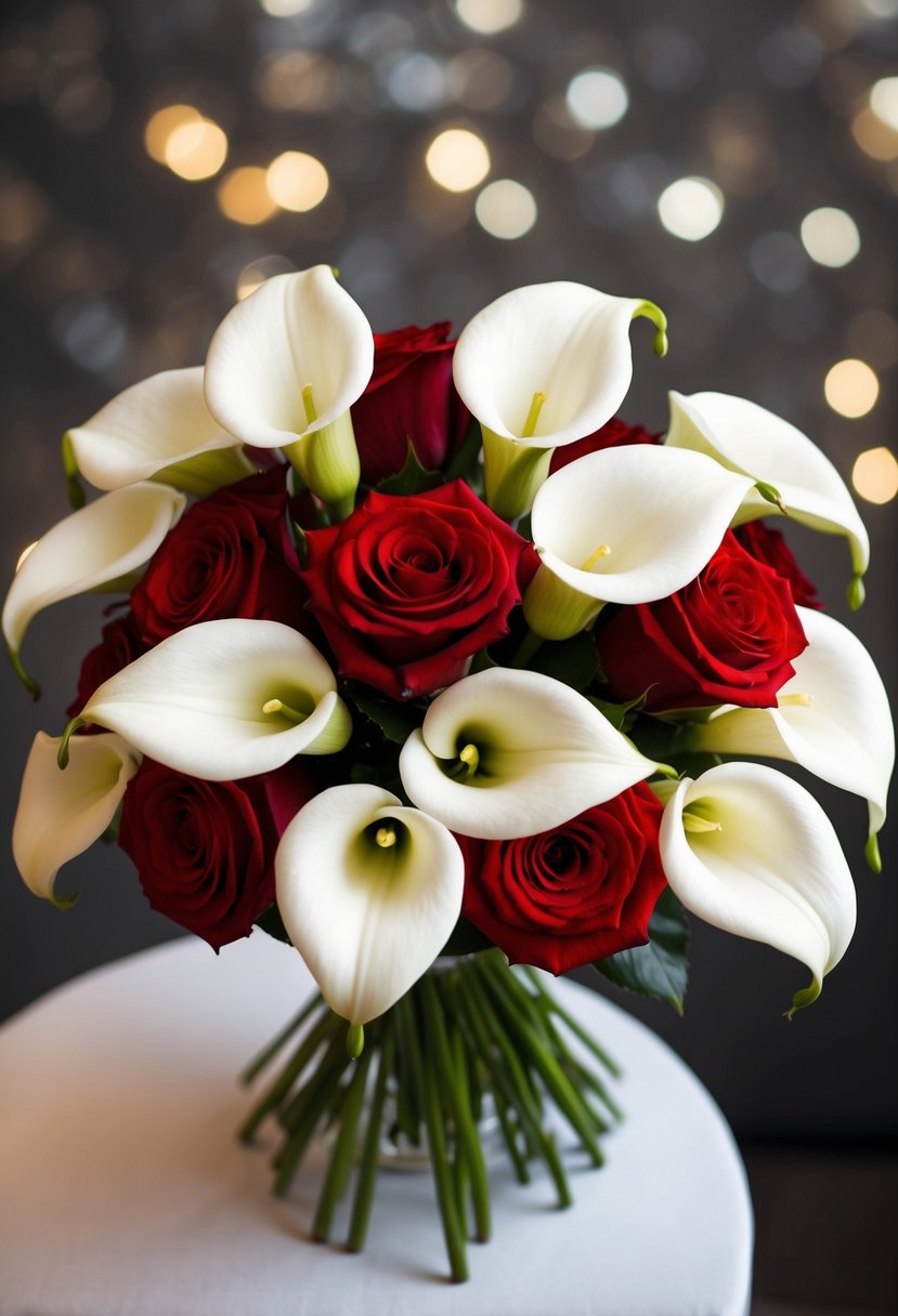 A bouquet of white calla lilies and red roses arranged in a classic wedding style