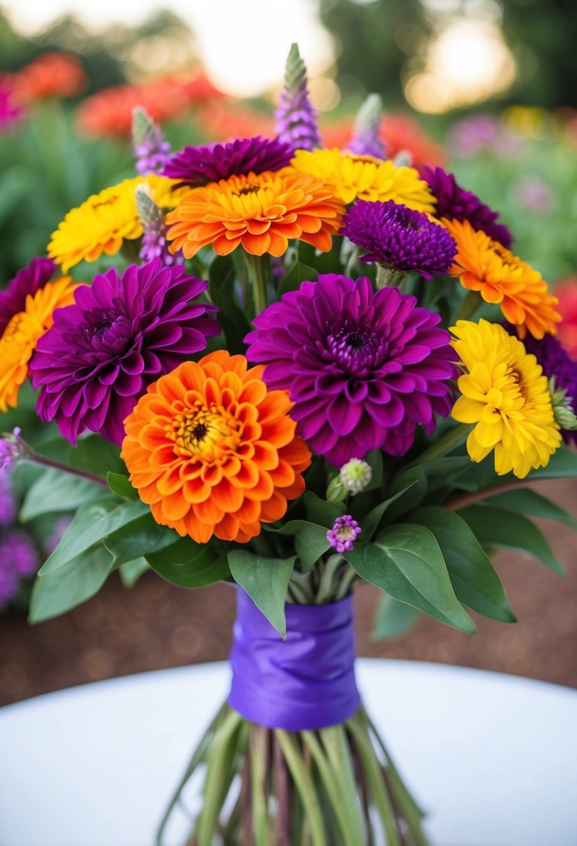 A colorful wedding bouquet of vibrant zinnias with purple accents