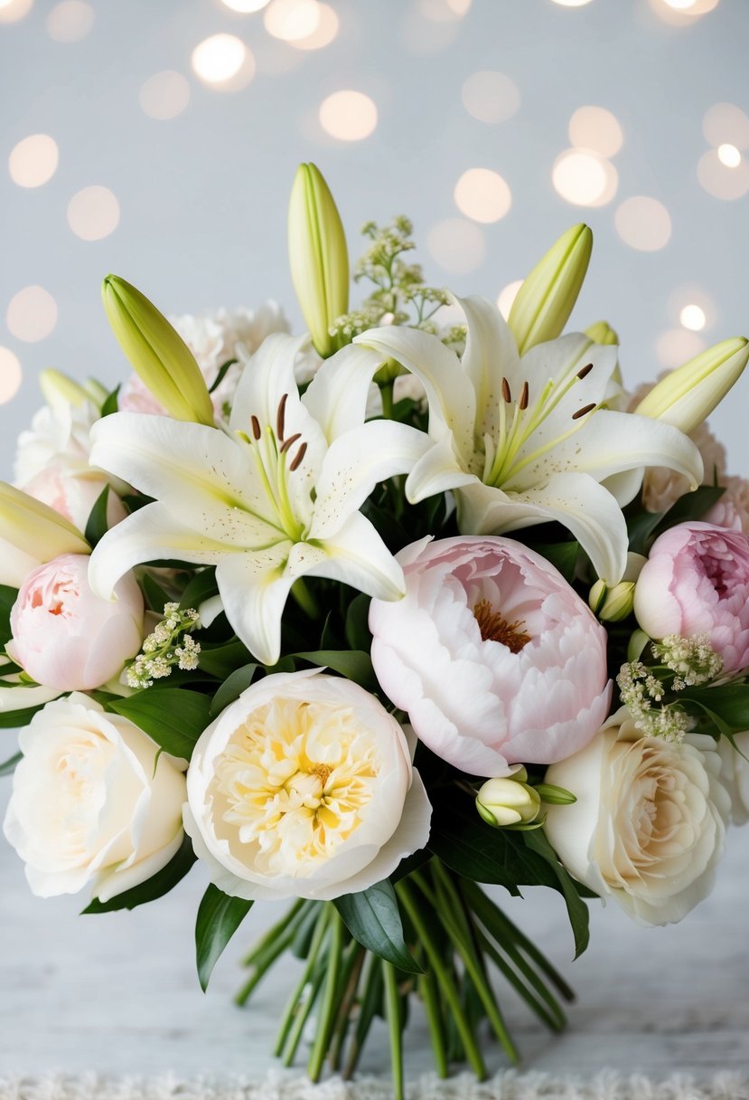 A delicate bouquet of pastel lilies, peonies, and ivory roses