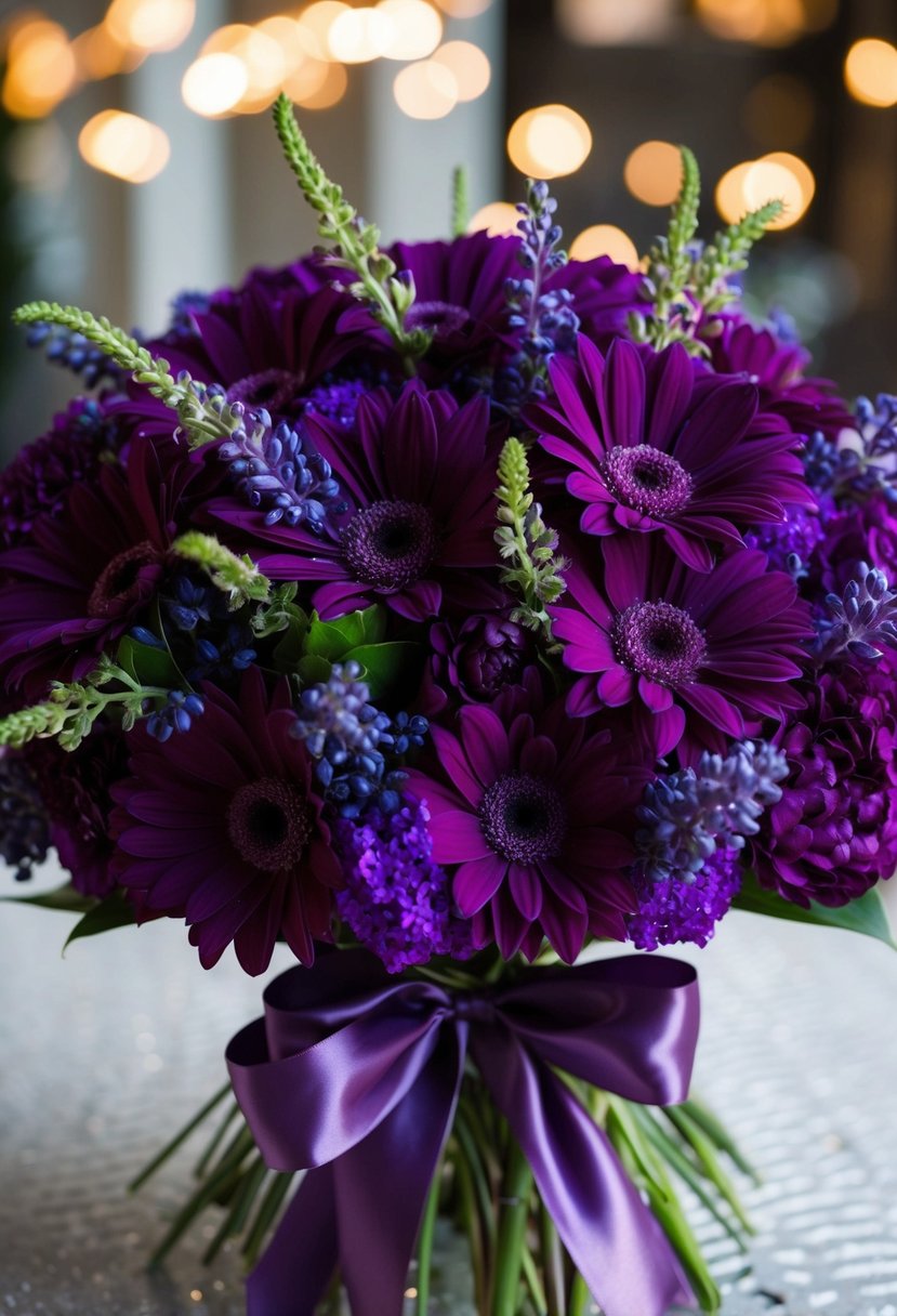 A lush bouquet of deep purple flowers tied with a shimmering satin ribbon