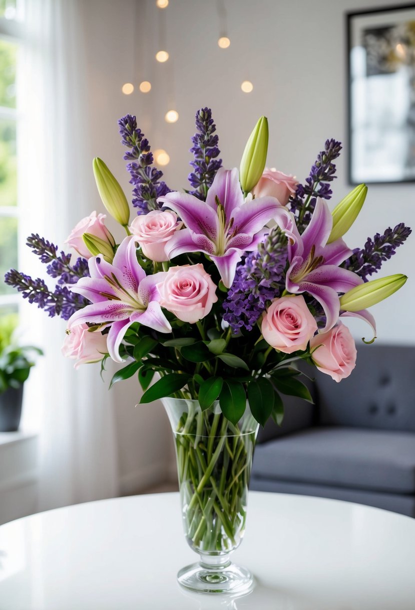 A bouquet of lavender lilies and pink spray roses arranged in a glass vase on a white table