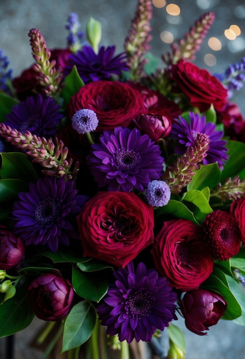 A lush bouquet of deep purple and crimson flowers arranged in contrast