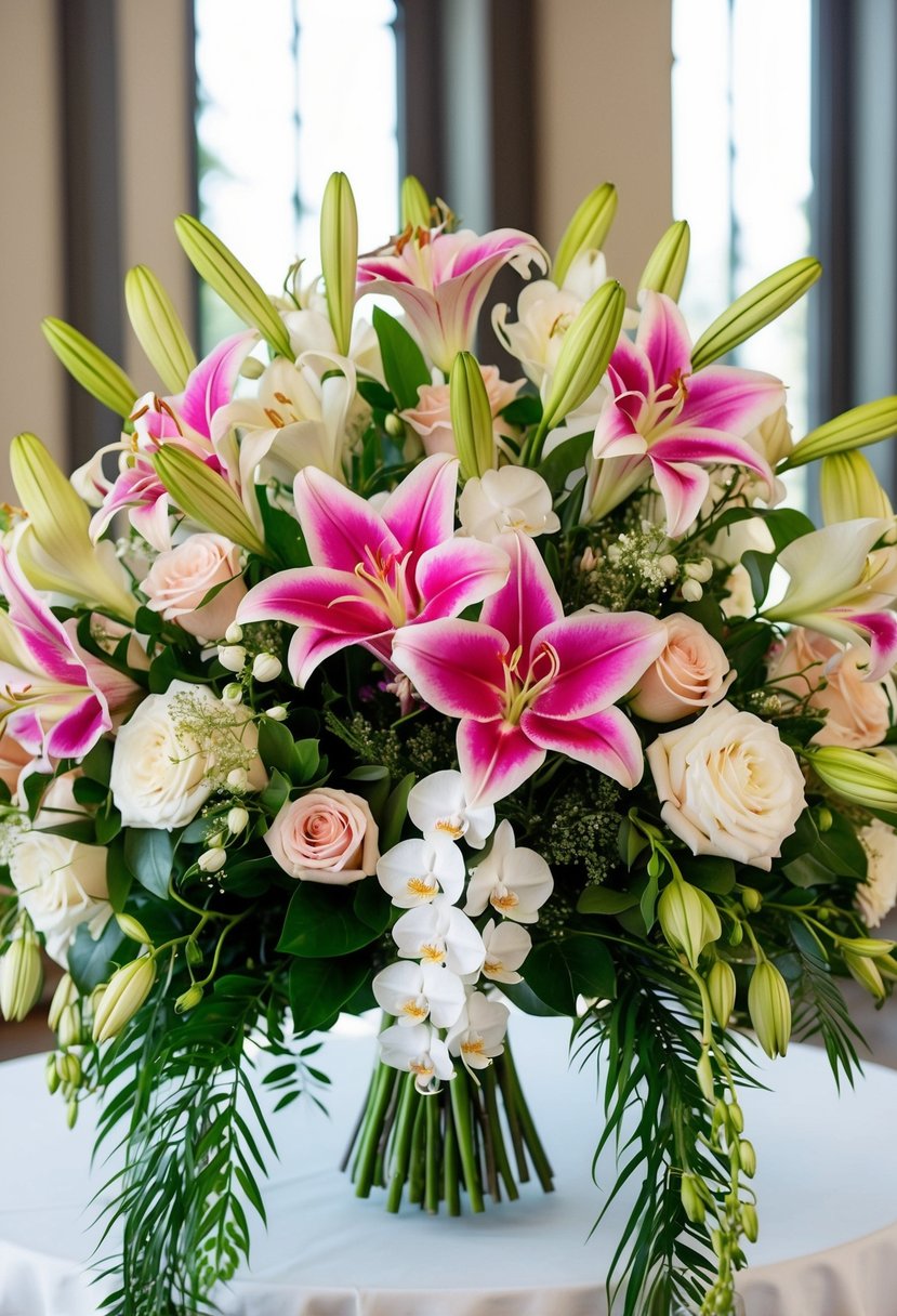 A cascading bouquet of vibrant Stargazer lilies, delicate orchids, and elegant roses, arranged in a stunning wedding bouquet