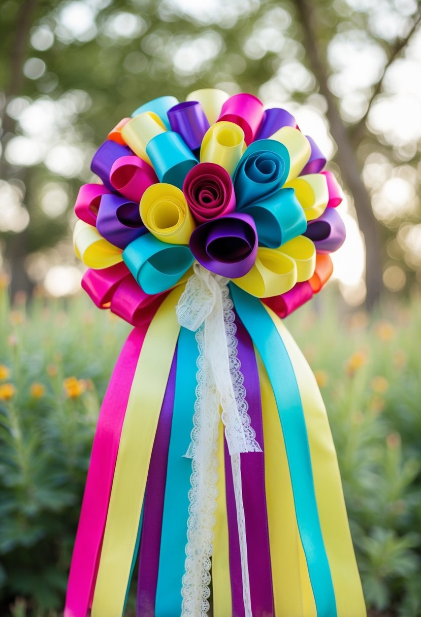 A bouquet of colorful ribbons cascading from a central point, tied with a delicate bow