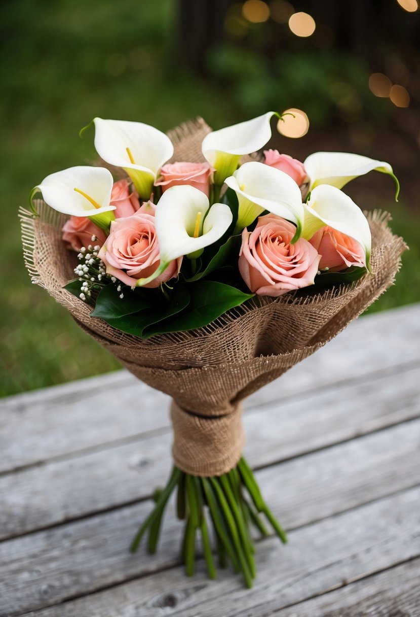 A rustic wedding bouquet of calla lilies and roses wrapped in burlap