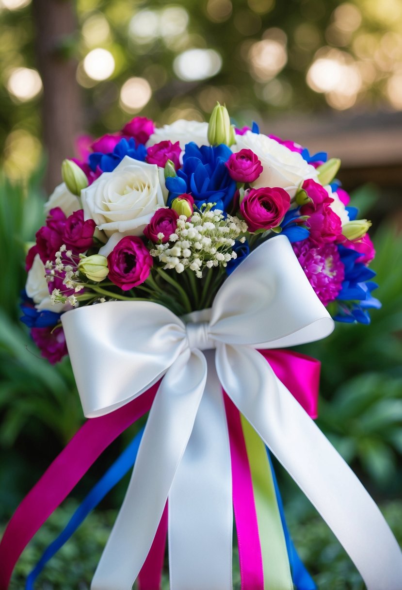 A white silk bow accents a vibrant ribbon-wrapped wedding bouquet