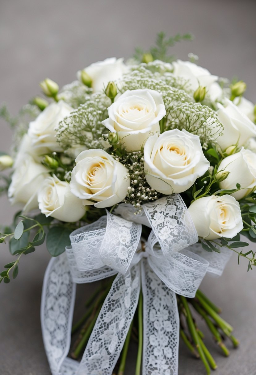 A delicate bouquet of layered lace wrap ribbons cascading from a cluster of white roses, accented with sprigs of baby's breath and delicate greenery