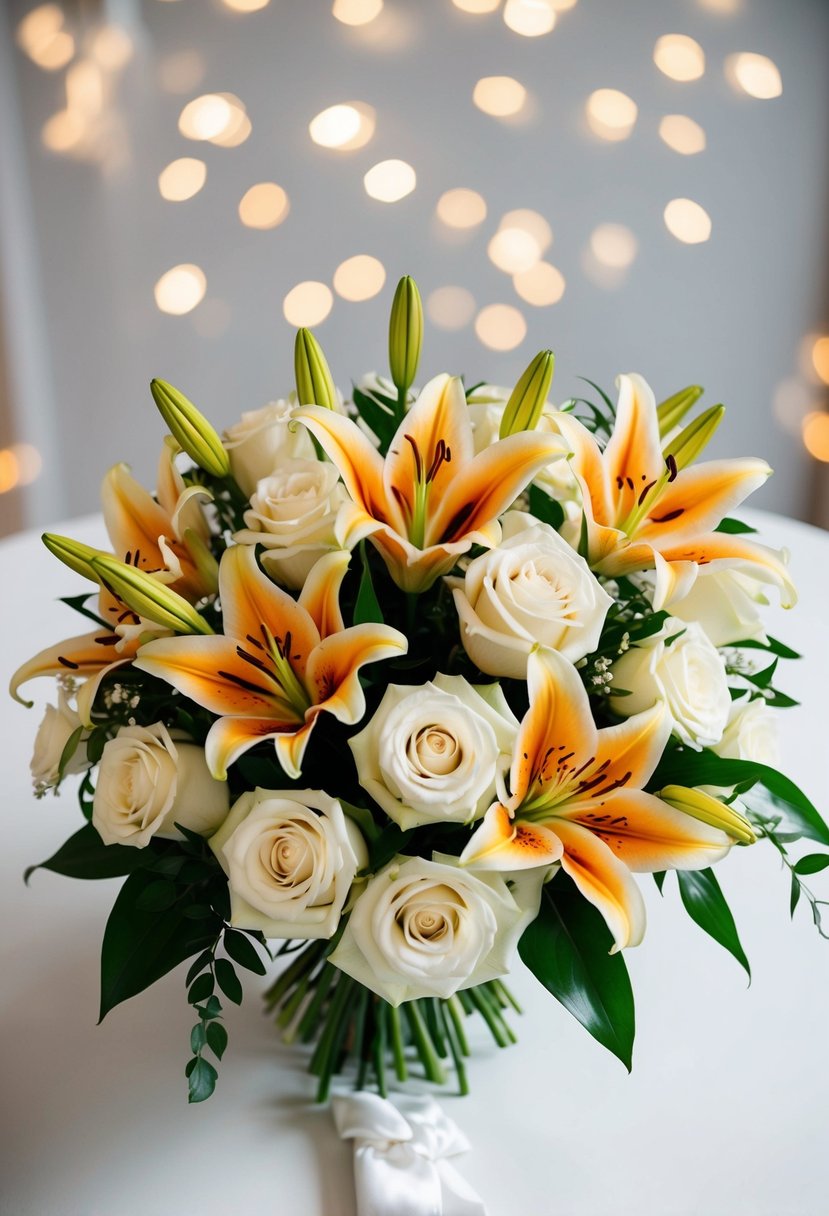 A wedding bouquet featuring cream roses and tiger lilies, arranged with elegance and grace