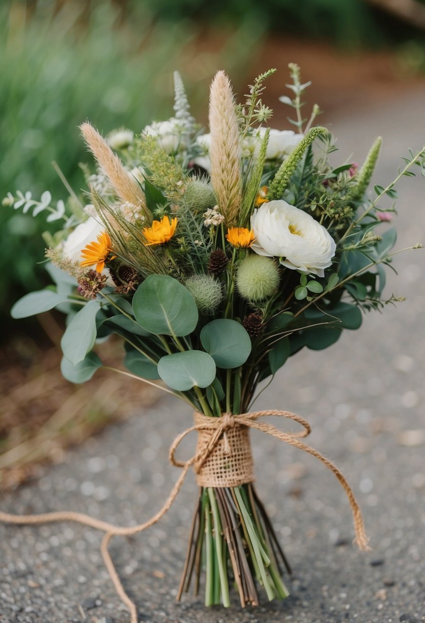 A rustic bouquet tied with burlap strings, featuring wildflowers and greenery