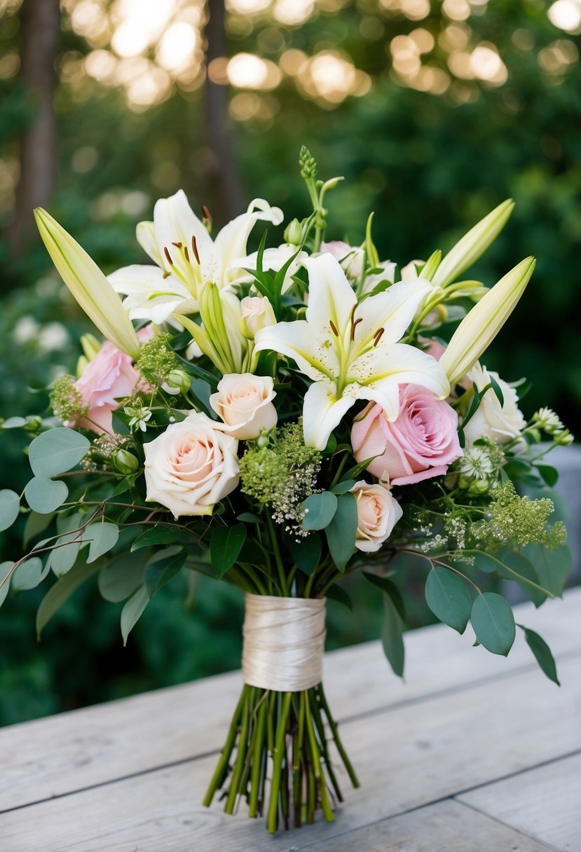 A boho chic wedding bouquet featuring wild lilies and garden roses in a loose and organic arrangement