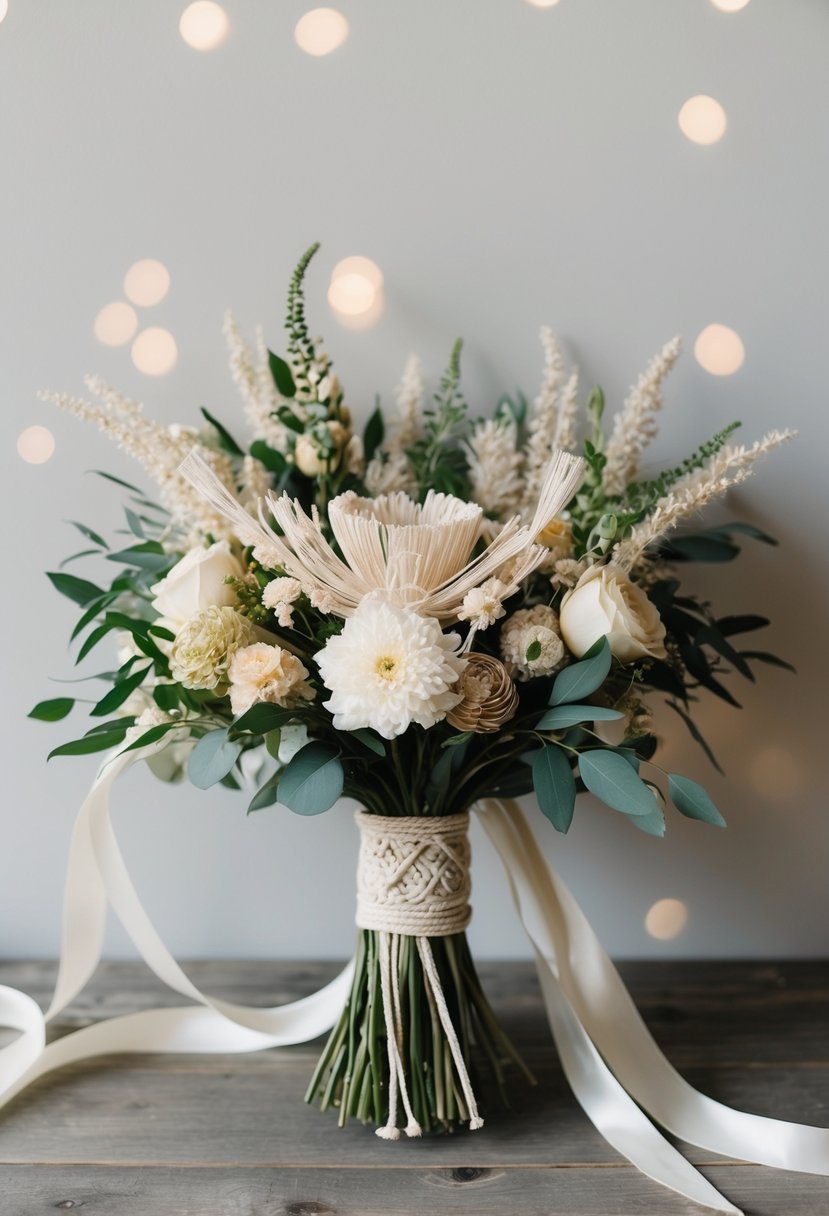 A bohemian-inspired wedding bouquet featuring intricate macramé details and flowing ribbons