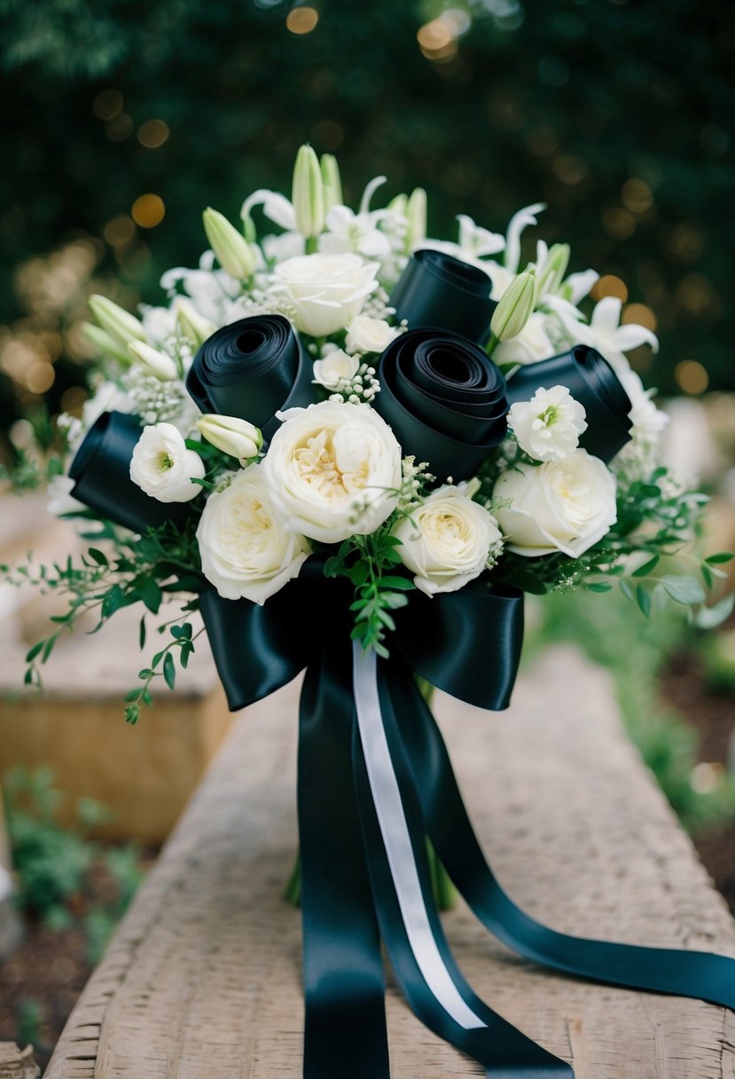 A lush bouquet of deep black satin ribbon adorned with elegant white flowers