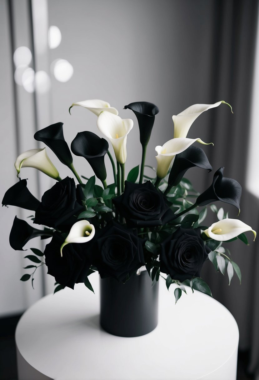 A sleek, monochrome bouquet of calla lilies and black roses arranged in a modern, minimalist style