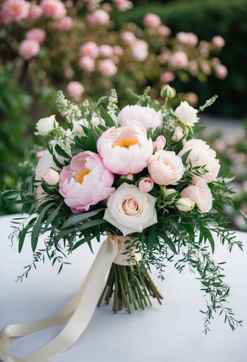 A lush bouquet of soft pink peonies, delicate white roses, and trailing greenery, tied with flowing silk ribbon