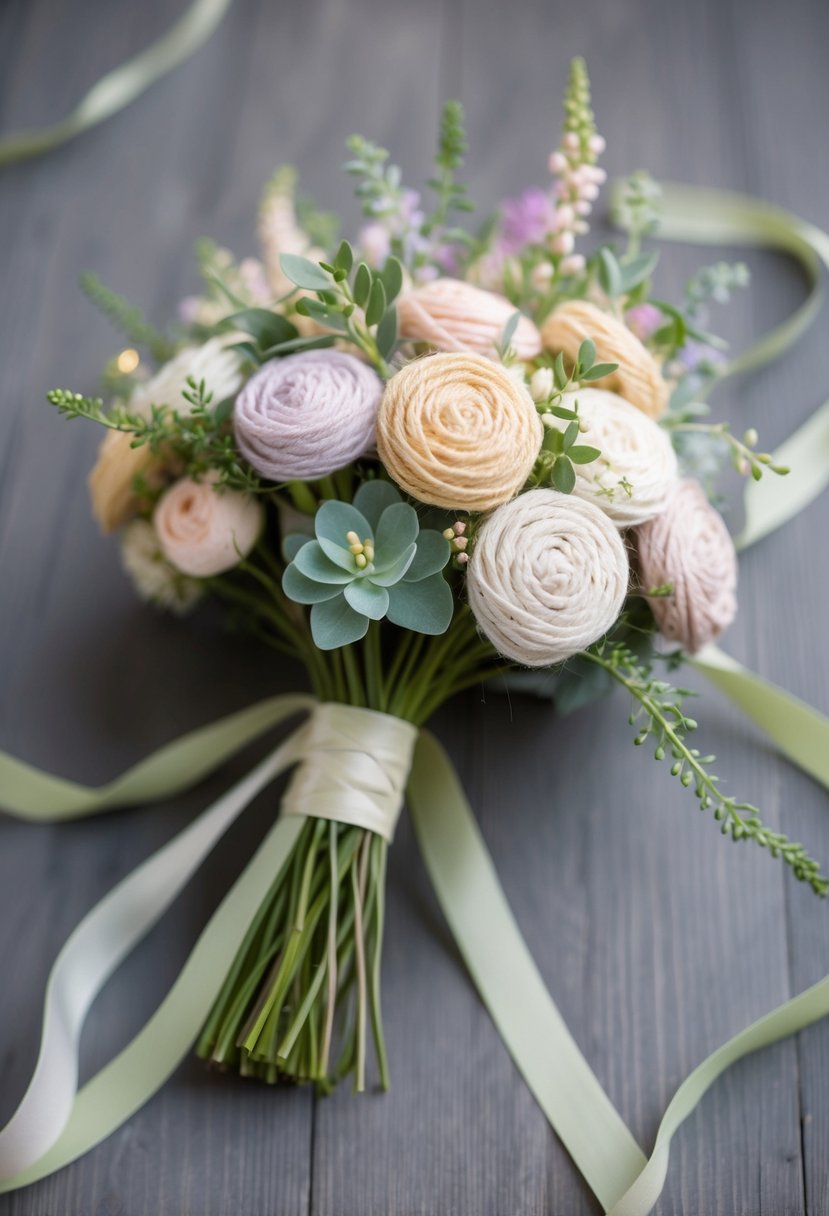 A bouquet of delicate twine-finished ribbons in soft pastel colors, adorned with charming floral accents and trailing greenery