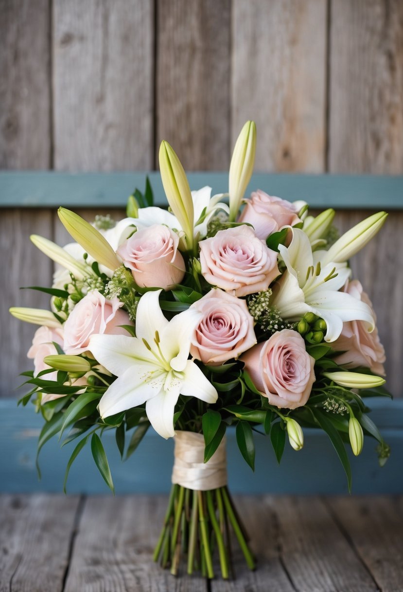 A vintage-style wedding bouquet featuring lilies and blush garden roses, arranged in a rustic, romantic manner