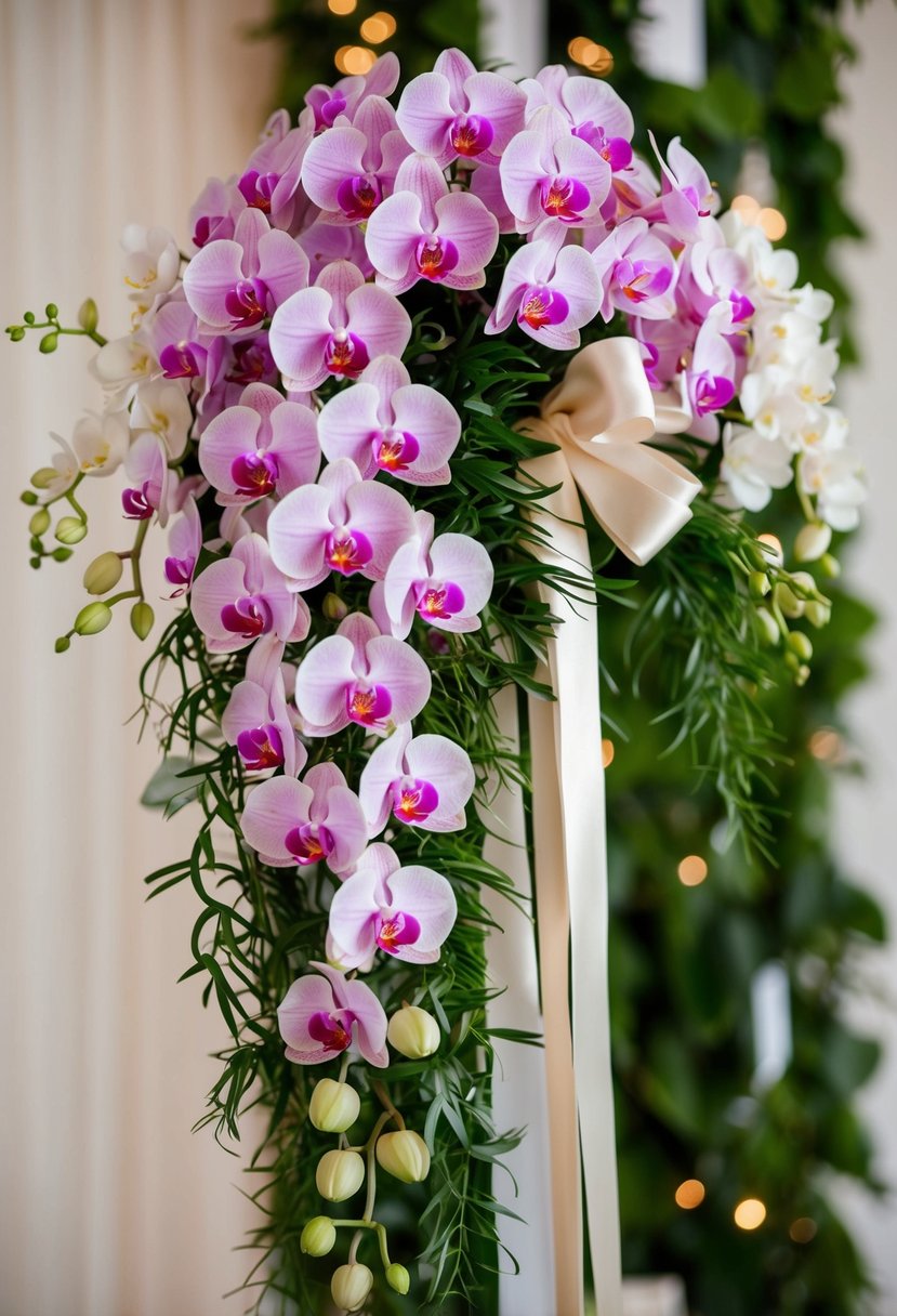 A lush, cascading bouquet of delicate orchids in shades of pink and white, accented with flowing greenery and tied with a satin ribbon