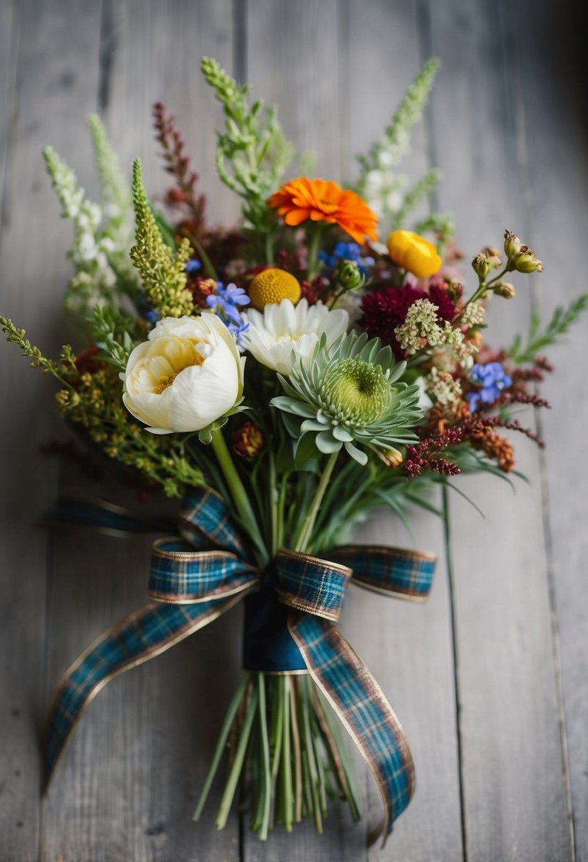 A bouquet of vintage plaid touch ribbon with assorted flowers