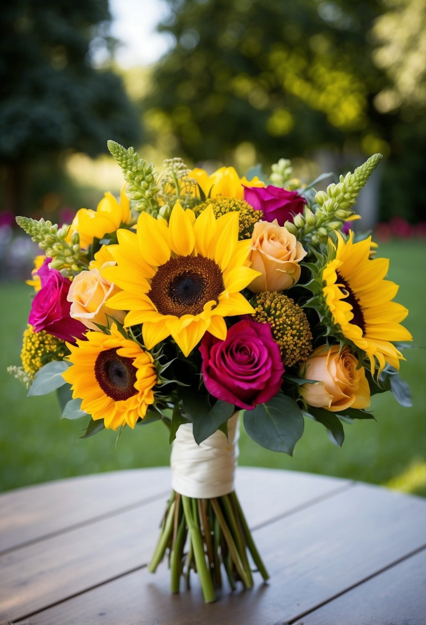 A vibrant wedding bouquet featuring sunny yellow lilium, sunflowers, and roses