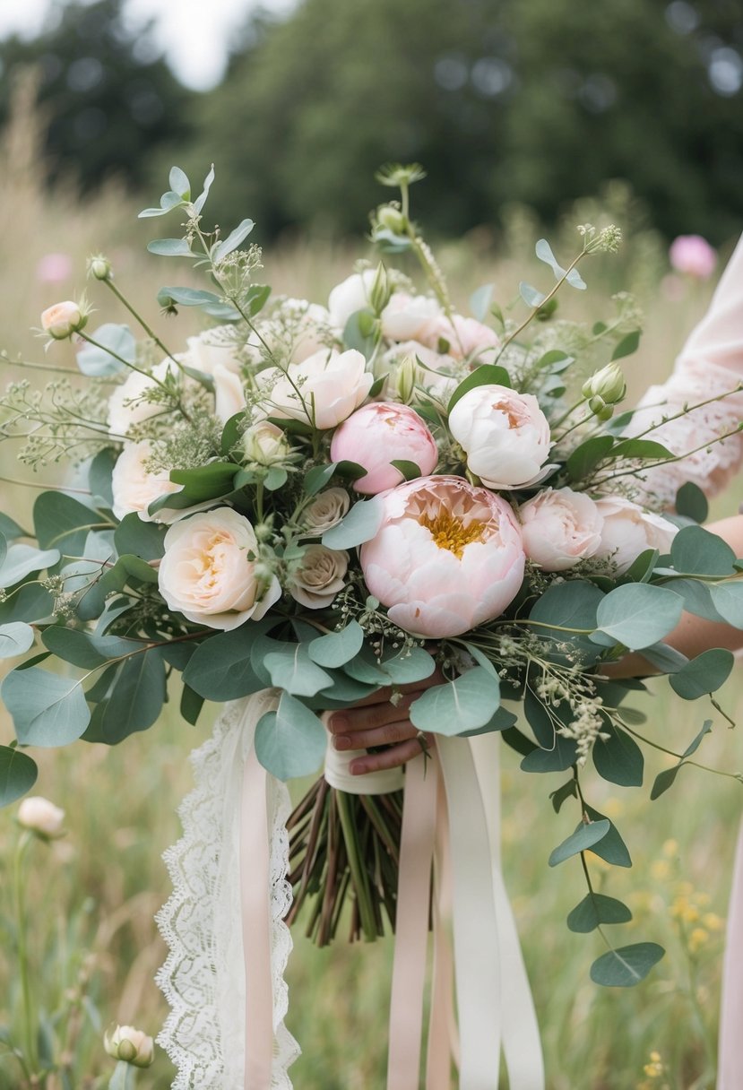 A lush, wild bouquet of soft pastel roses, peonies, and eucalyptus, tied with flowing ribbons and delicate lace