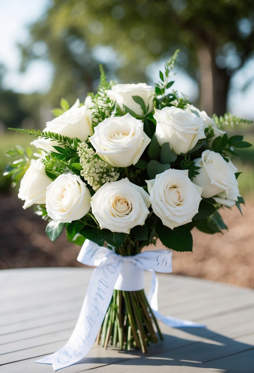 A bouquet of white roses and greenery tied with a personalized monogram ribbon