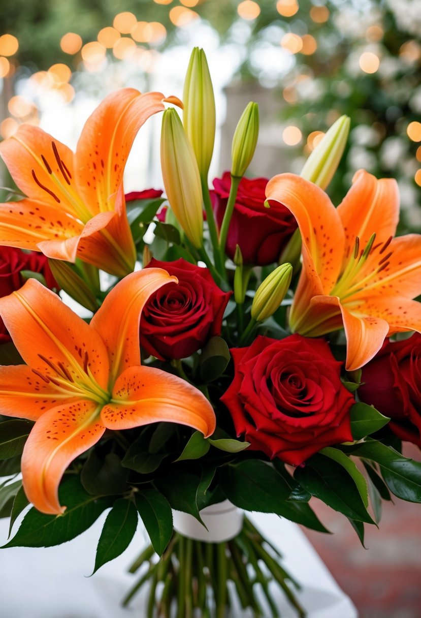 Vivid orange lilies and red roses arranged in a wedding bouquet