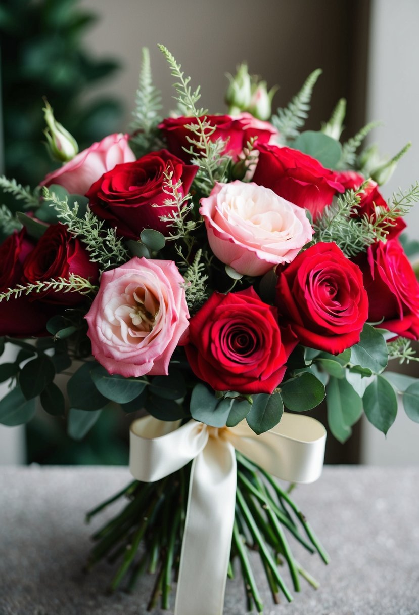 A lush bouquet of red and pink roses, accented with delicate greenery, tied with a satin ribbon