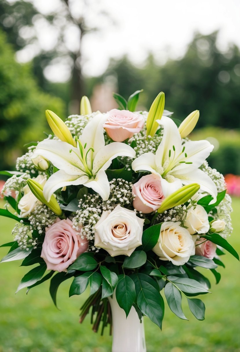 A lush wedding bouquet of delicate lilies, roses, and baby's breath, arranged in a romantic and elegant composition