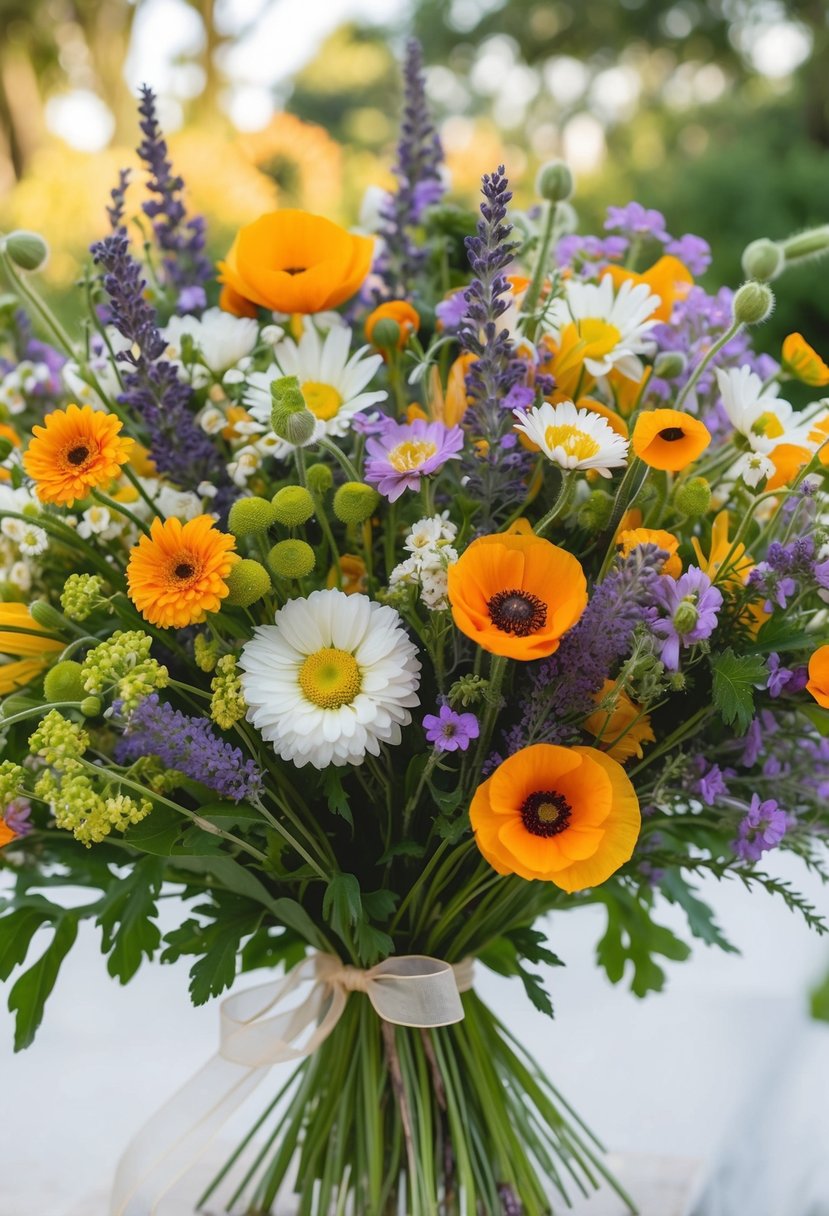 A lush, flowing bouquet of colorful wildflowers, including daisies, lavender, and poppies, tied with a delicate ribbon