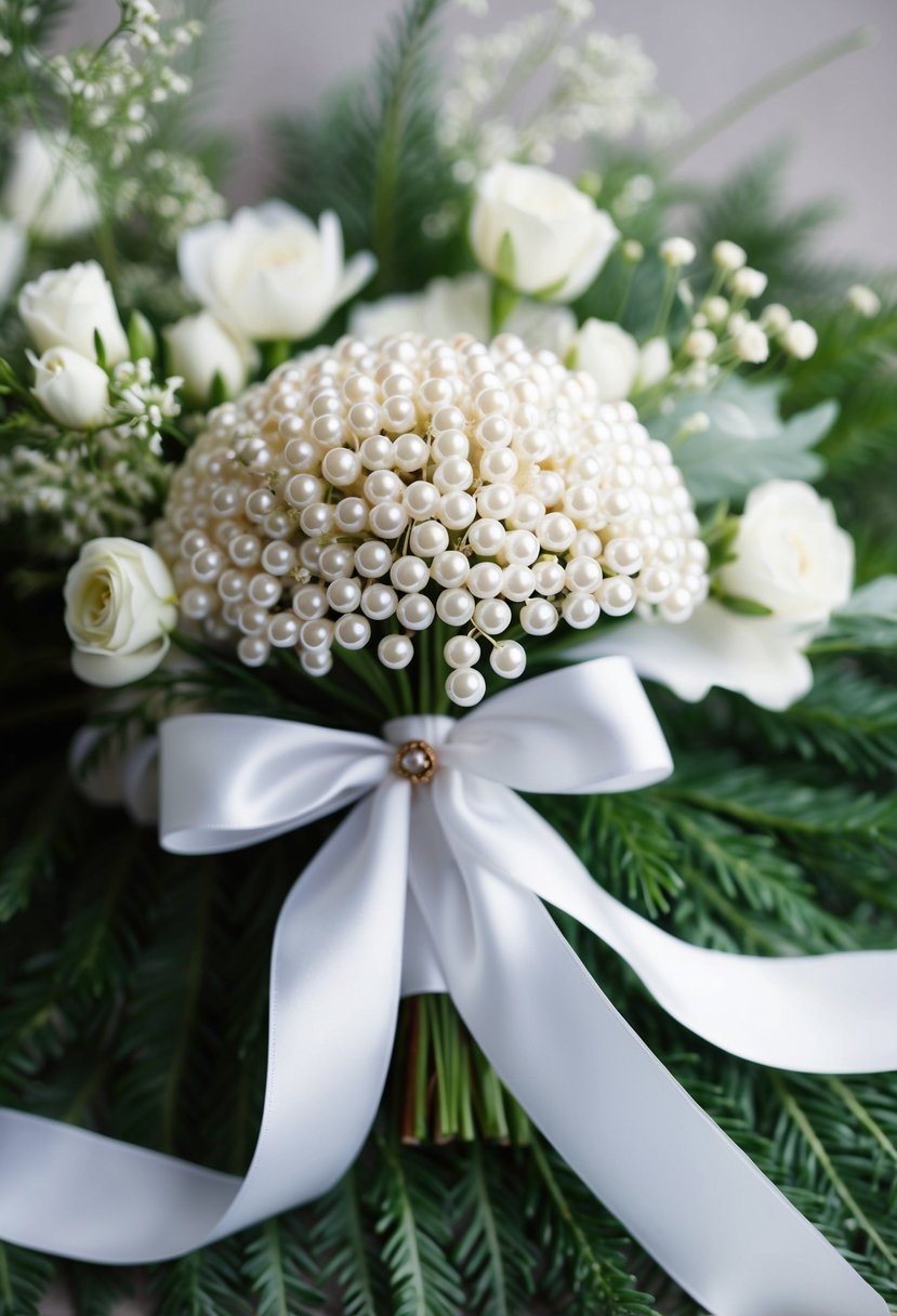 A bouquet of white pearls pinned to a flowing ribbon, surrounded by delicate white flowers and greenery