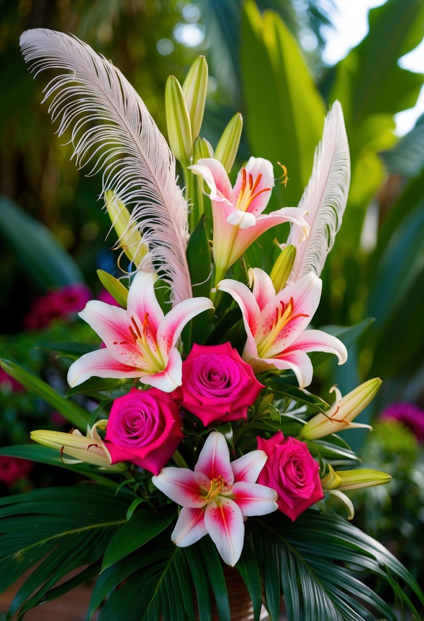 Vibrant lilies and roses intertwined with delicate feathers in a lush tropical setting