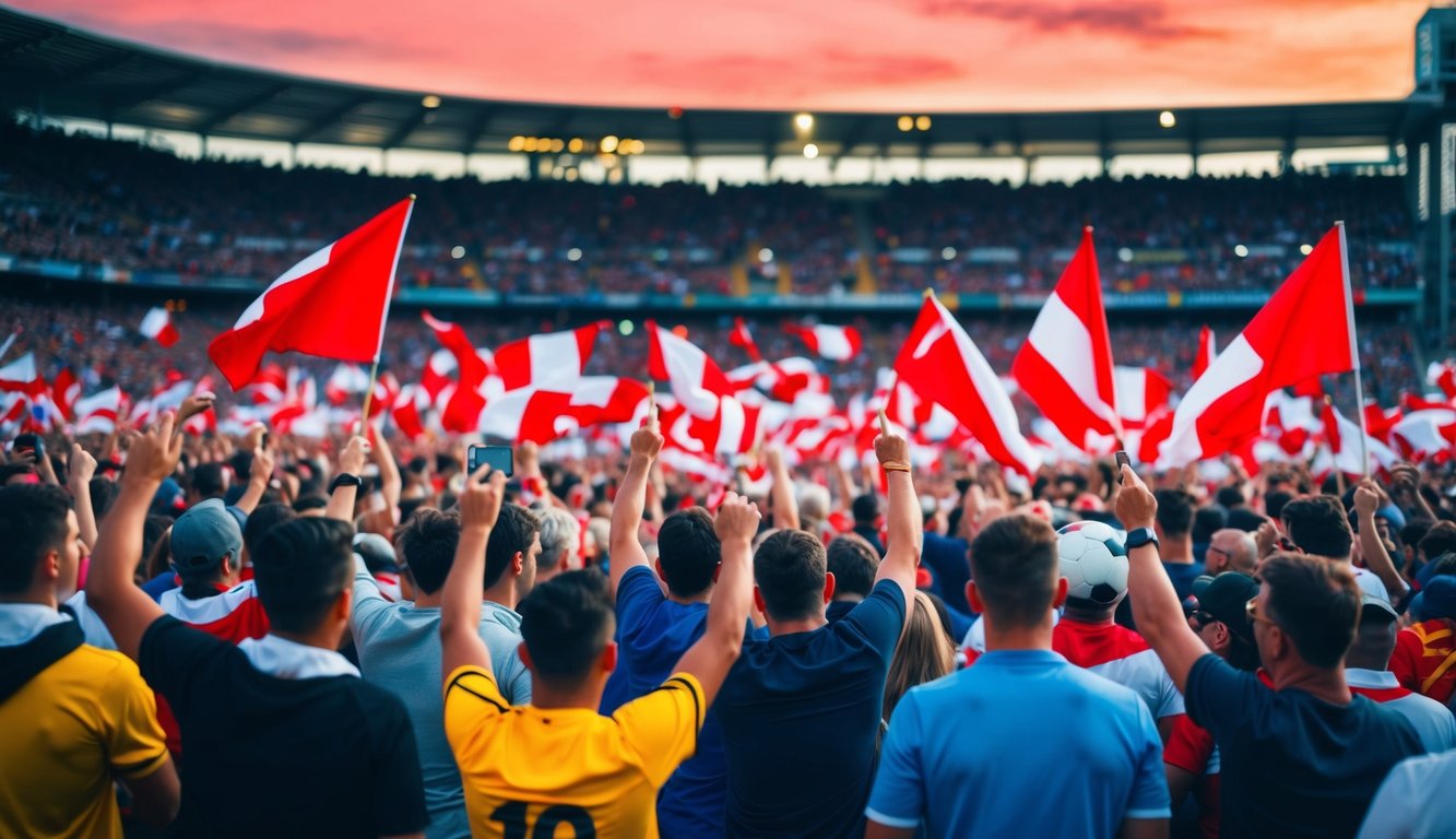 Sebuah stadion sepak bola yang ramai dengan penggemar yang bersorak dan melambaikan bendera