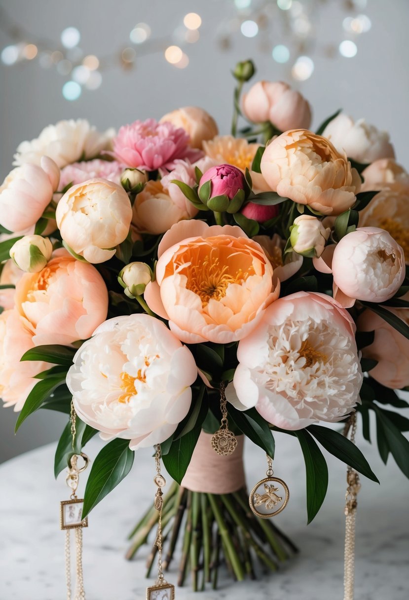 A lush bouquet of peach and pink peonies intertwined with delicate charms