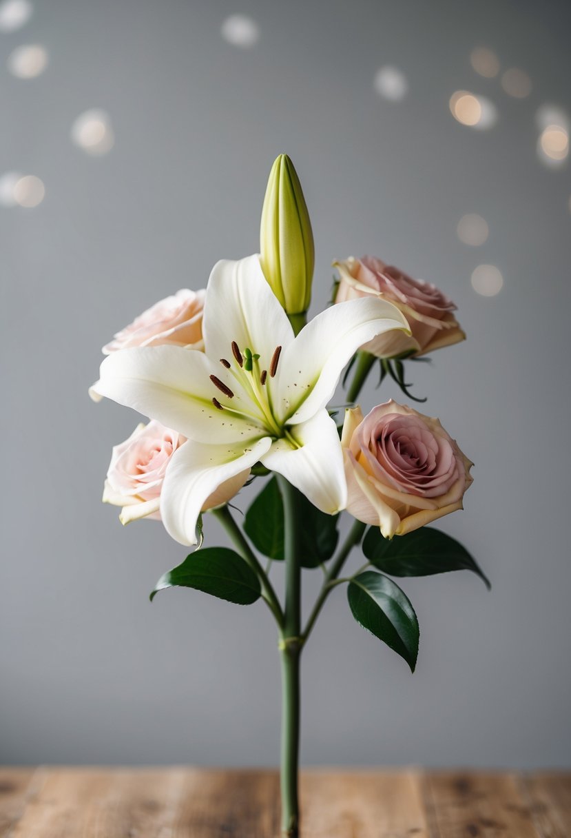 A single stem lily surrounded by petite roses in a minimalist wedding bouquet