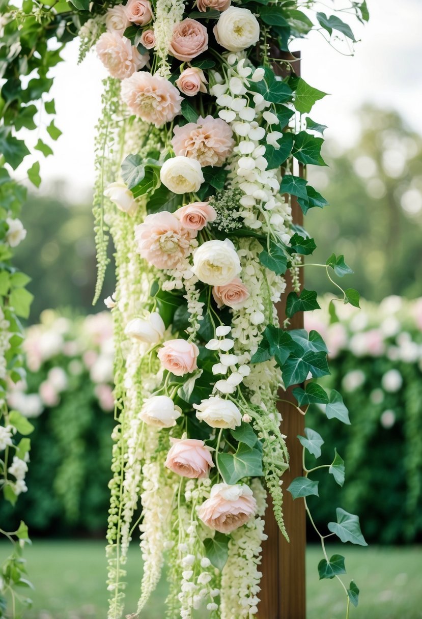 A lush cascade of blush and ivory flowers intertwined with delicate green ivy, creating a romantic and ethereal wedding bouquet