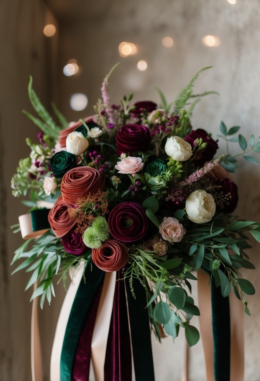 A lush bouquet of velvet strands ribbon in rich, chic colors, accented with delicate florals and greenery