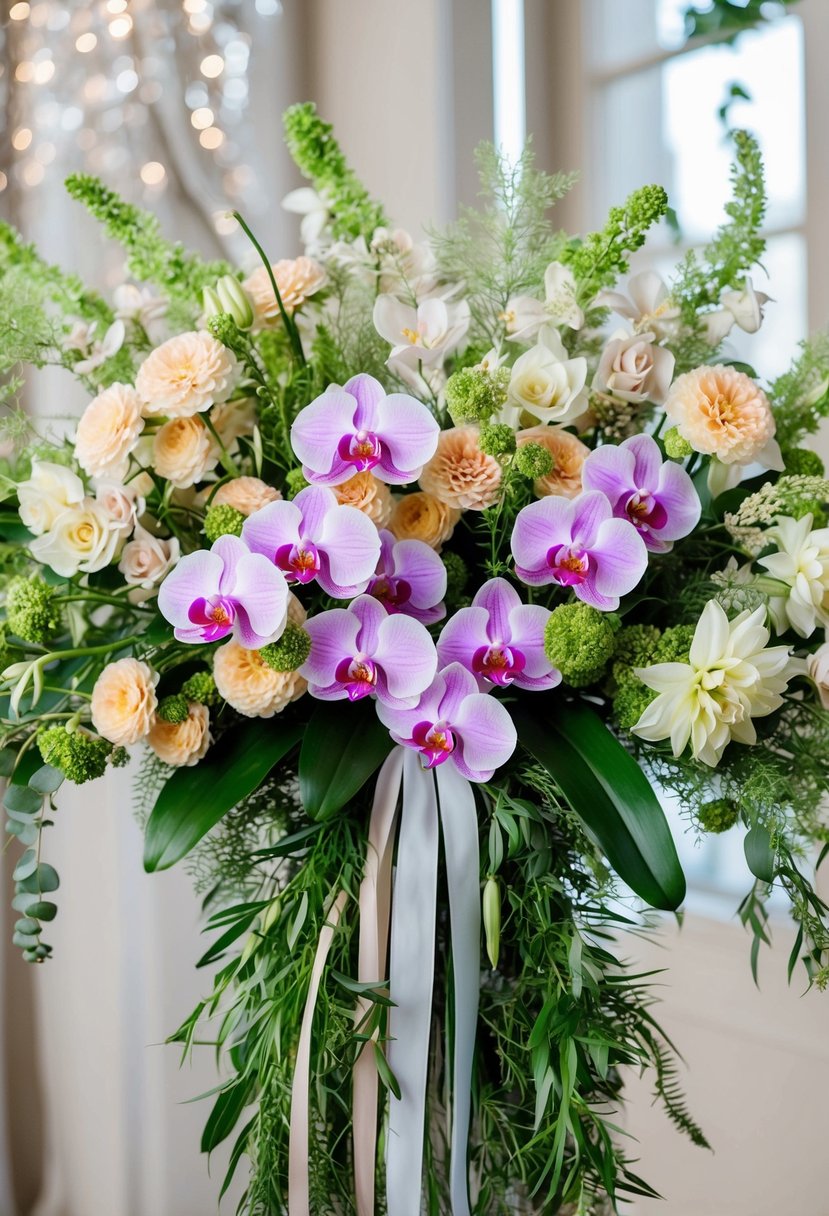 A lush bouquet of orchids and dahlias intertwined with delicate greenery, accented with cascading ribbons